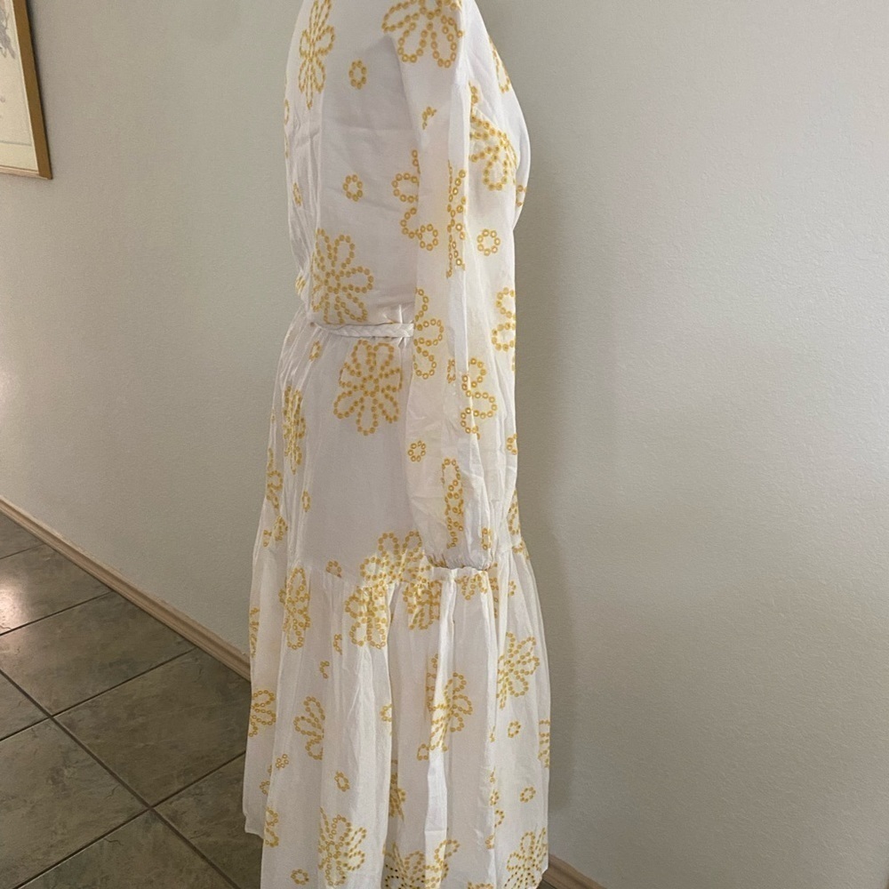 Alexis White Yellow Cottage Core Embroidered Eyelet Midi‎ Dress Women's Large - Picture 6 of 13